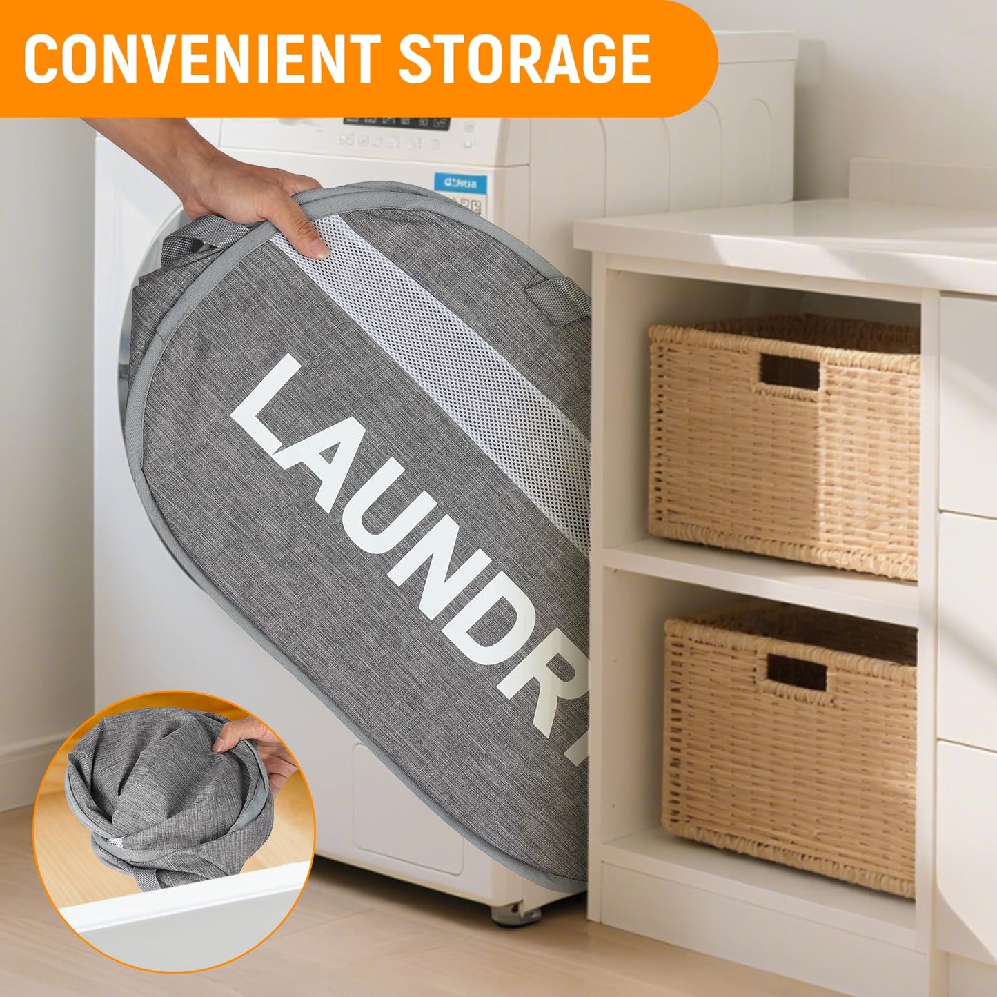 Collapsible Laundry Baskets, Foldable Clothes Hamper with Reinforced Handles, Sturdy Pop Up Hampers for Laundry, Tear Proof & Easy to Carry Laundry Hamper for Home, Apartment, Dorm, Travel Grey