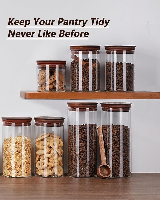 BOILMERIT 2PCS of 50floz Round Coffee Canister with Wooden Lids, Airtight Glass Coffee Jars for Ground Coffee, Coffee Beans Storage Container