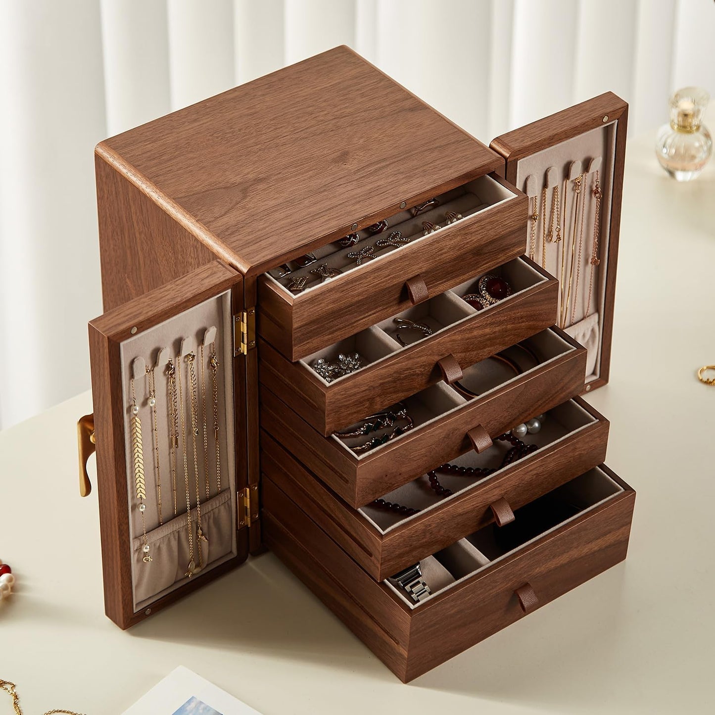CHOSIN Black Walnut Wooden Jewelry Box 5 Layer Large Wood Jewelry Organizer Brass Handle for Necklaces Rings Earrings Watches Storage Monther, Ideal Gift for Her (7.9x8.7x10.0inches)