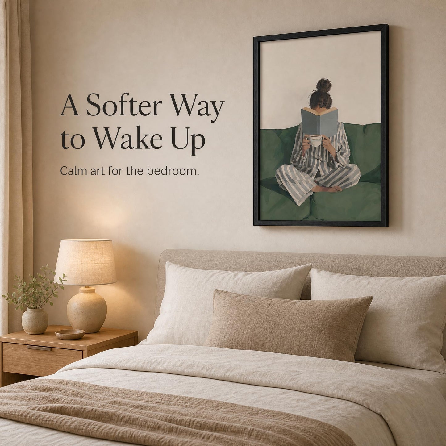 Framed Trendy Women Reading Book Wall Art Quiet Moment on The Sofa Art Prints Green Striped Painting Picture Modern Women's Minimalist Pictures Artwork for Living Room Bedroom Home office Wall Decor