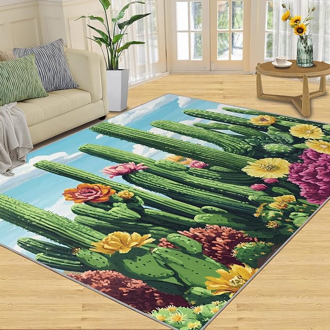 Cactus Living Room Rugs, Desert Oasis Area Rugs 5x8 Rug Succulents Non-Slip Washable Rugs Stain Resistant Rug Low-Pile Throw Rug for Bedroom Dining Room Office