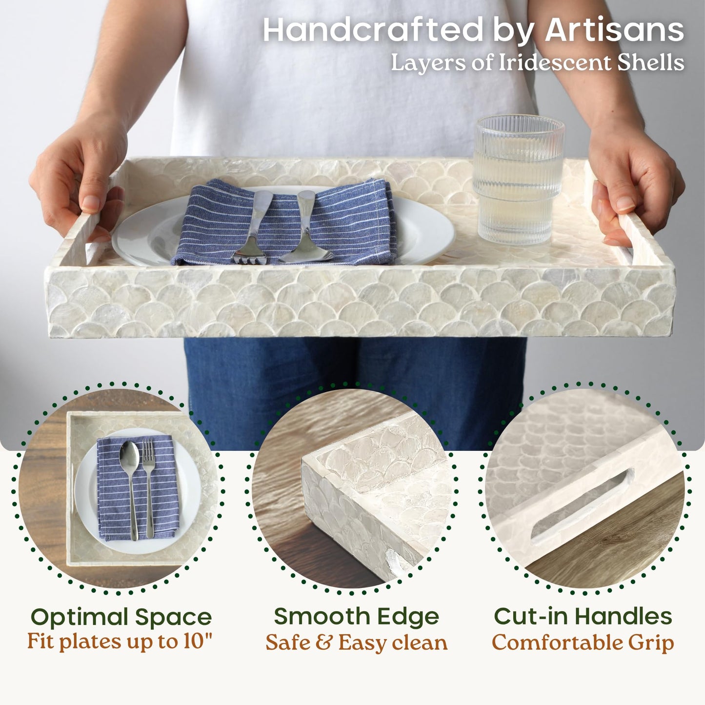 CHI AN HOME Capiz Decorative Tray 15.8” x 11.8” x 1.8" Rectangular Tray, Natural Handmade Serving Tray with Handles for Coffee Tables, Ottoman, Vanity, Kitchen, Coastal Boho Home Decor, White