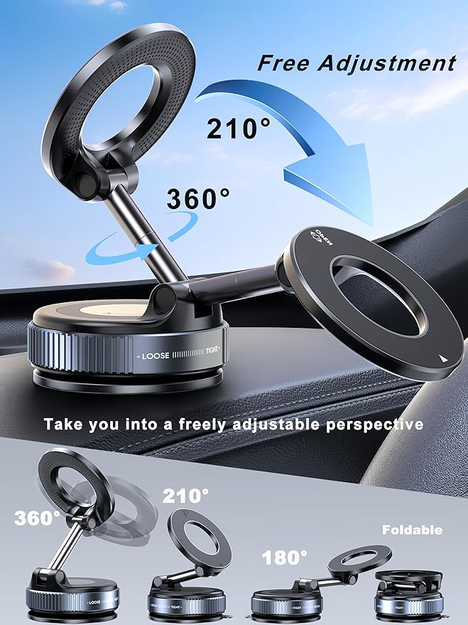 Upgraded 360° Nano Gel Vacuum Magnetic Phone Holder, Car Phone Holder for Magsafe[108+LBS Strongest Suction & 3000gf Strongest Magnetic], Suction Cup Phone Mount for Car/for iPhone 17 Pro Max