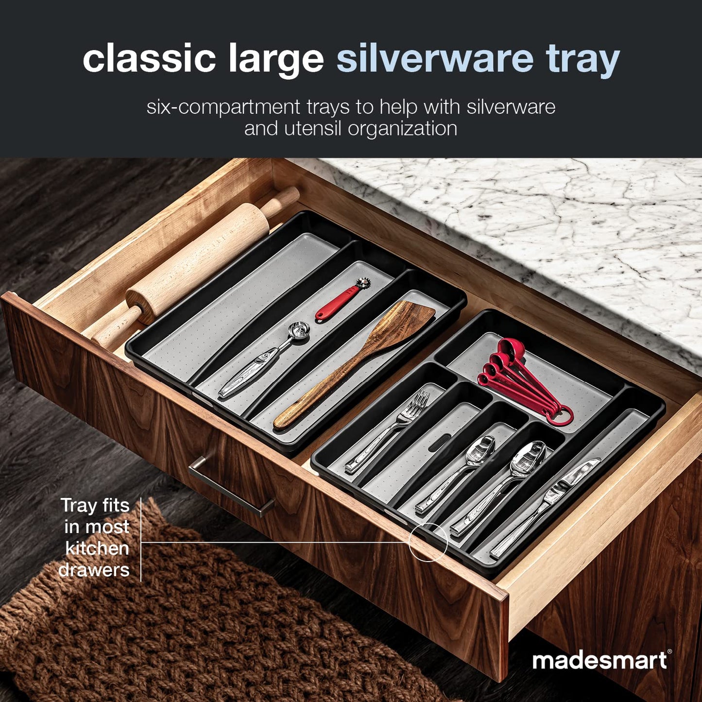 madesmart Classic Large Silverware Tray - Granite |CLASSIC COLLECTION | 6-Compartments| Kitchen Drawer Organizer | Soft-Grip Lining and Non-Slip Rubber Feet | BPA-Free