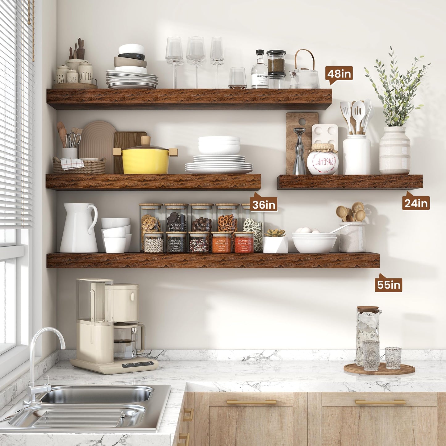 Heimlove Floating Shelves for Wall 55 Inch Long,Extra Large and Thick Wood Shelves Mounted Storage Hanging Shelf Invisible Bracket for Bedroom,Living Room,Kitchen,Office,Rustic Brown