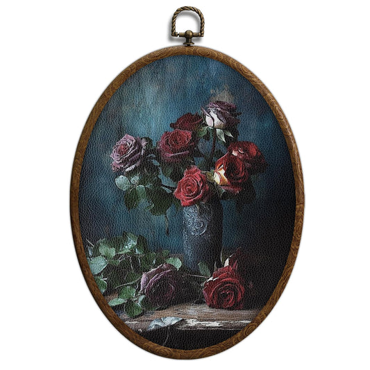 Vintage Red Rose Oval Wall Art, Rose in Bottle Oval Framed Wall Art, Waterproof Dark Aesthetic Floral Cottage Core Home Decor for Western Farmhouse Bedroom Living Room, Home Retro Decor Products, 23