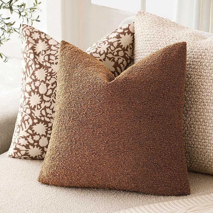 Foindtower Decorative Textured Boucle Throw Pillow Covers Accent Solid Pillow Cases Neutral Soft Cozy Couch Cushion Case for Chair Sofa Bedroom Living Room Home Decor 22x22 Inch,1PC,Hazel Brown