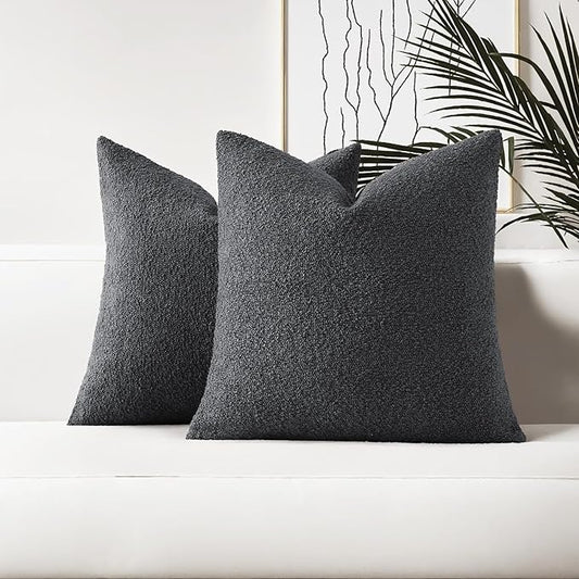 HAUSSY Set of 2 26x26 Decorative Throw Pillow Covers, Soft Cozy Euro Pillow Shams Textured Boucle, Home Decor for Couch Bed Living Room, Dark Grey