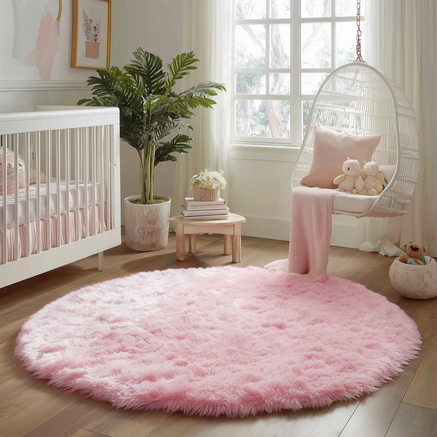 Amdrebio Light Pink Round Circle Rug 4Ft for Girls Bedroom, Fluffy Cute Area Rugs for Kids Room Decor Aesthetic, Small Shag Fur Carpet for Nursery Dorm Classroom Playroom Teen Toddler Baby Corner