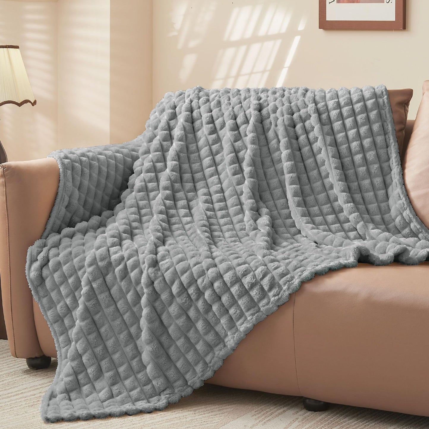 BEDELITE Updated Grey Throw Blanket for Couch and Bed- Super Soft and Warm 3D Checkered Fluffy Fuzzy Fleece Blanket, Luxurious Plush Cozy Blanket for Room Decor Spring, 50x60 inches