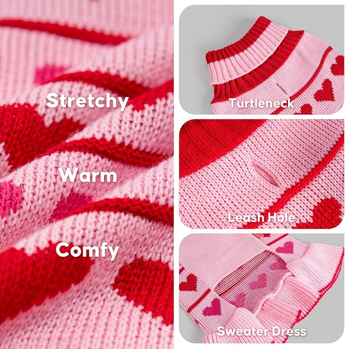 KYEESE Valentines Dog Sweater, Stretchy Pullover Dog Sweaters for Large Dogs, Soft Turtleneck Large Dogs Sweater with Heart Print, Warm Pet Sweaters Dress, Comfy Pet Clothes Coat with Leash Hole, 3XL