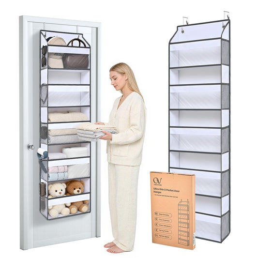 Ordovibe 5 Tiers Ultra-thin Over Door Organizer with 10 Mesh Side Pockets, 44 lbs Weight Capacity Hanging Storage Organizer with Clear Window Kids Toys, Shoes, Diapers, White & Grey