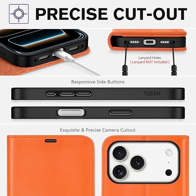 TUCCH Wallet Case for iPhone 17 Pro Max (6.9") 2025, RFID Blocking 4 Card Holders | Kickstand | Shockproof TPU Shell | PU Leather | Magnetic Closure | Protective Flip Folio Cover | Orange