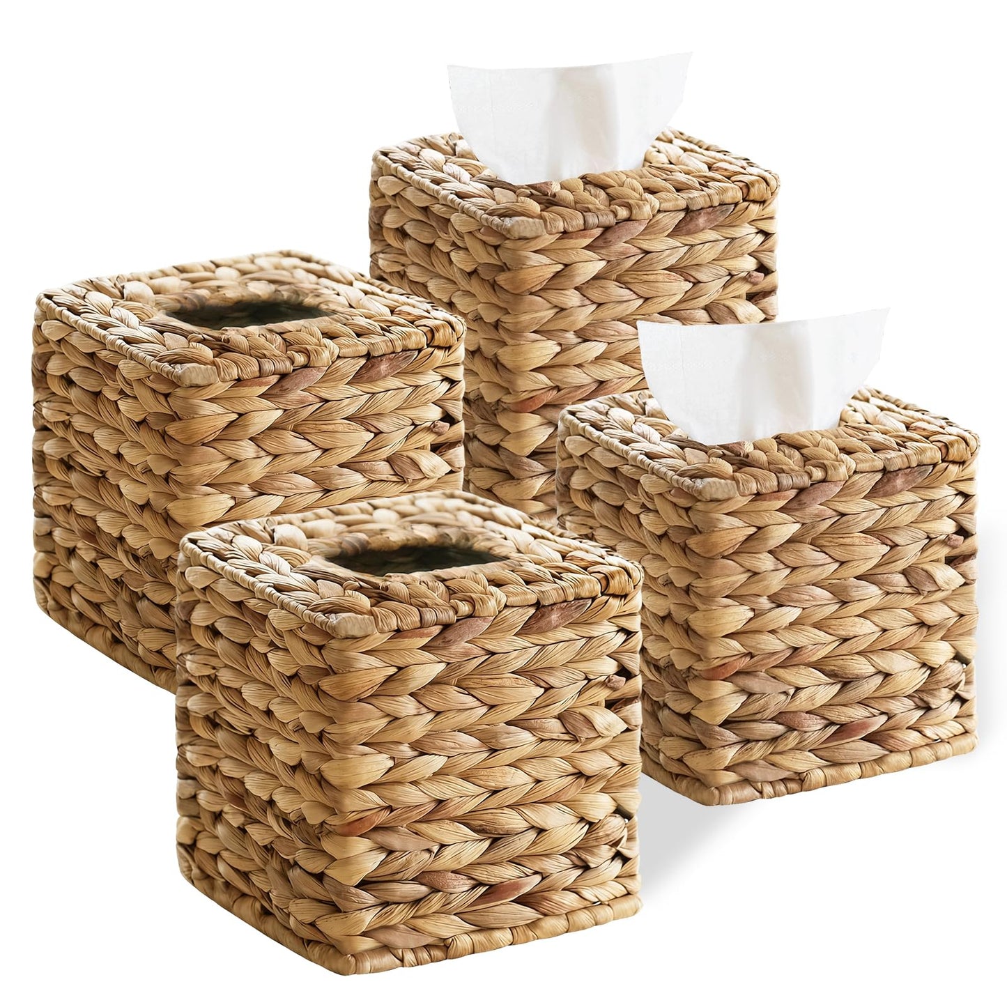 4 Pack Wicker Tissue Box Cover Square, Rattan Tissue Box Holder Facial Tissues Boxes, Hand Woven Decorative Tissue Covers Tissue Holders for Bathroom Bedroom Desk Office