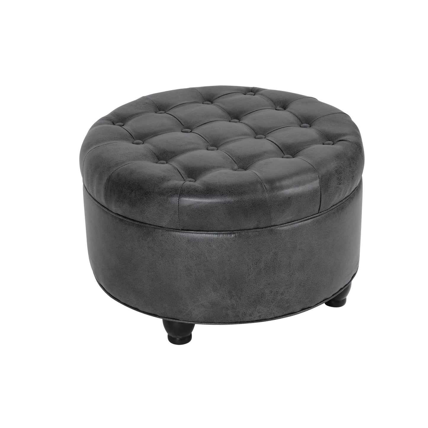 HomePop 25" Button Tufted Round Storage Ottoman - Gray Faux Leather
