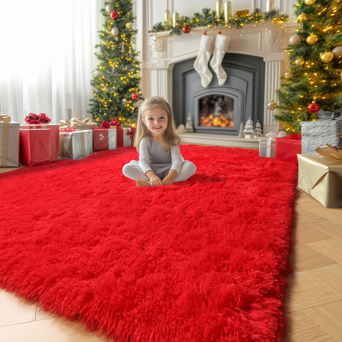 Red Rug for Bedroom Living Room Decor, Red Carpet, Christmas Rug 4x6, Fluffy Shaggy Fuzzy Furry Throw Area Rugs for Kids Room Preppy Dorm Nursery Classroom, Scarlet Cute Shag Plush Rugs for Teen Boys