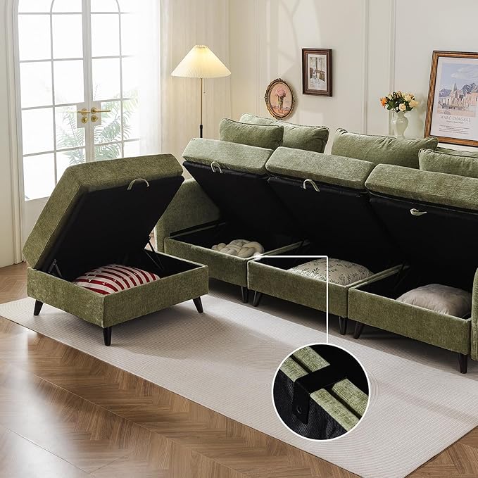 104'' Modular Sectional Sofa with Seats Storage,Oversized L Shaped Couch with Deep Seat,3-Seater Comfy Cloud Couches for Living Room, Movable Ottoman,Chenille,Green