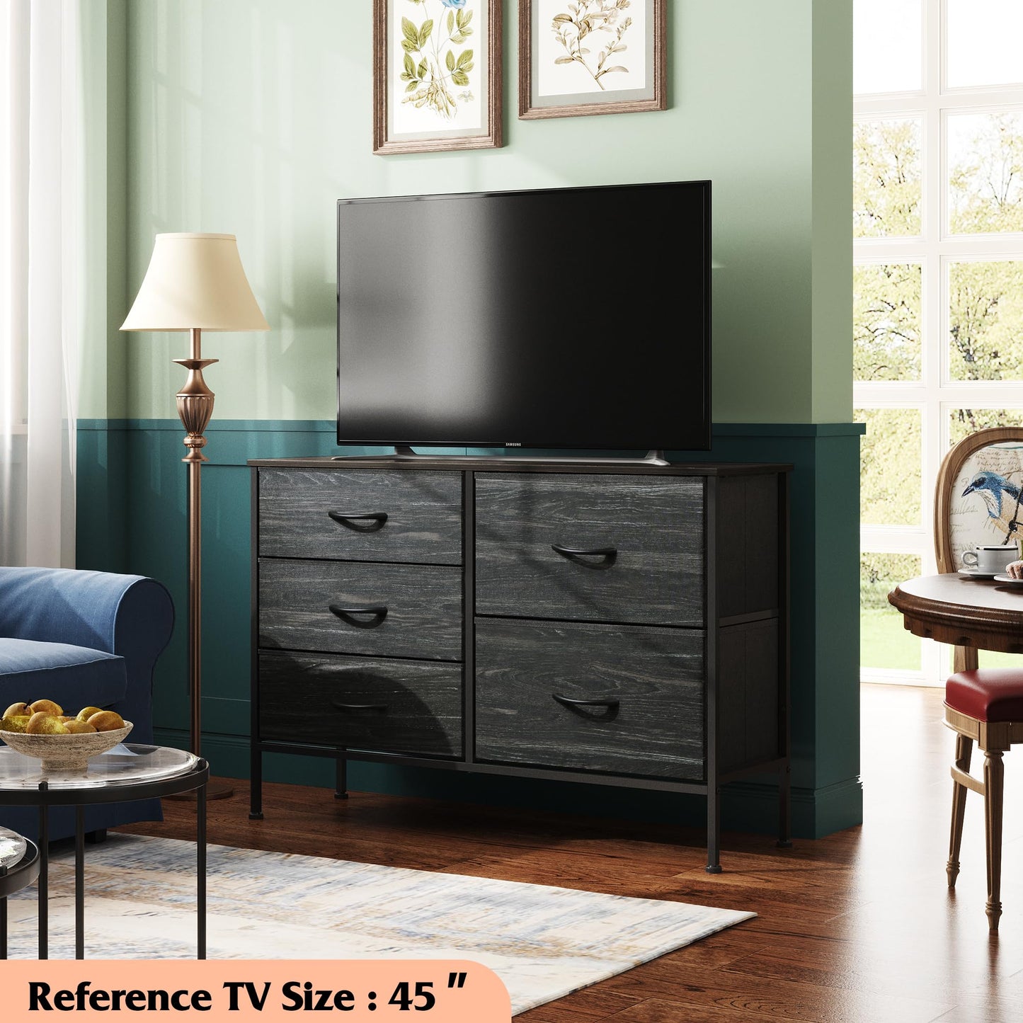 WLIVE Dresser for Bedroom with 5 Drawers, Wide Dressers with Drawer Organizers, Chest of Drawers, Fabric Dresser for Living Room, Closet, Hallway, Charcoal Black Wood Grain Print