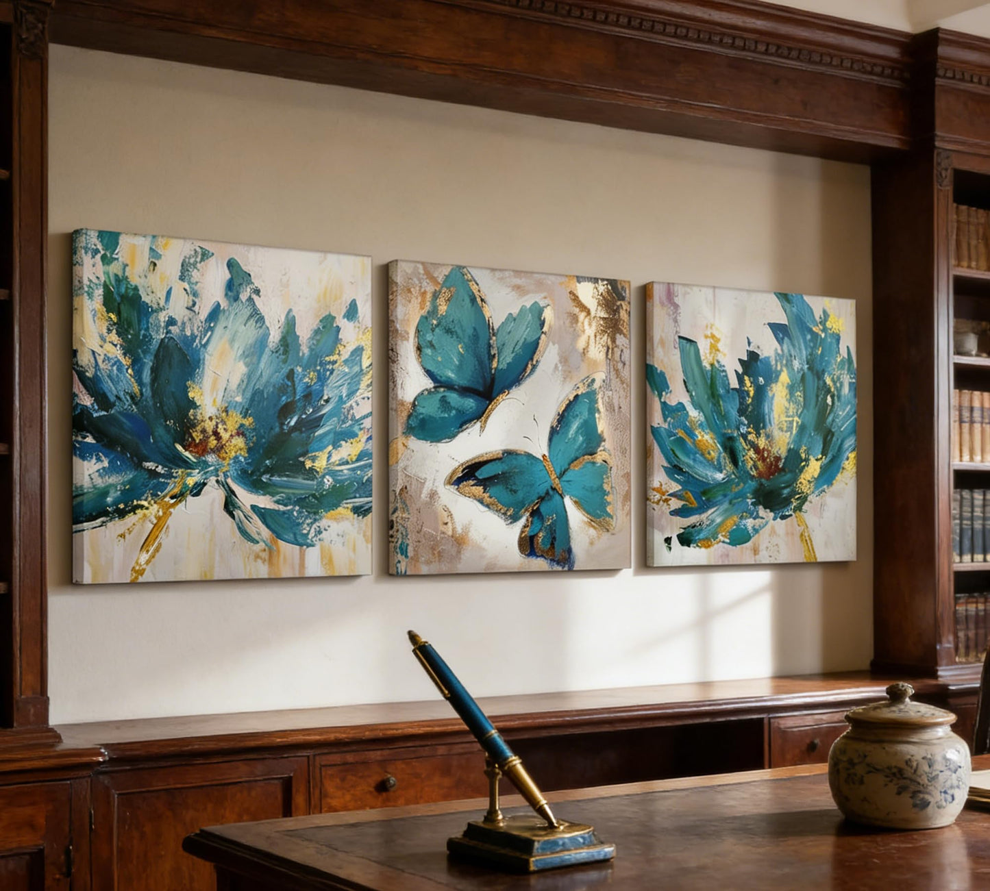 Abstract Blue and Gold Floral Canvas Wall Art Set of 3, with Gold Foil Outline, Stretched and Framed Canvas Artwork with Hanging Hooks & Nails, Modern Wall Decor for Living Room Bedroom Bathroom