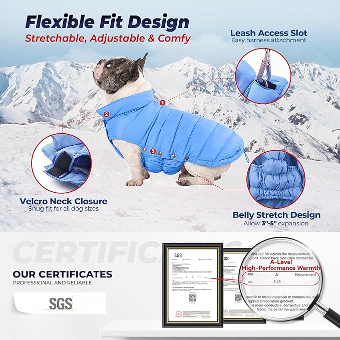 SPACE LION Dog Puffer Jacket, Down Winter Coat, Durable Outdoor Coat for Cold and Windy Conditions, Lightweight & Adjustable Fit Coats for Medium & Large Dogs,(Blue, Size16/XL)