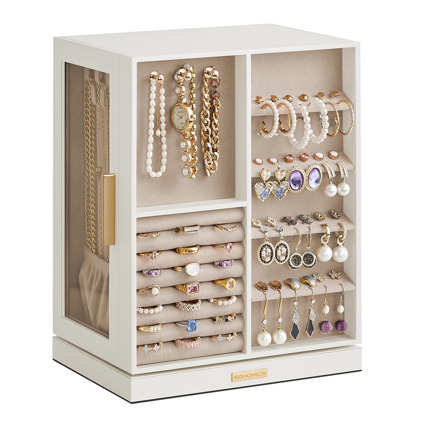 SONGMICS GISELLA Collection - Jewelry Box Organizer 360° Rotating, Vertical Jewelry Storage Case with 5 Drawers, Glass Window, Spacious, Open Design, Great Gift, Cloud White UJBC170W01