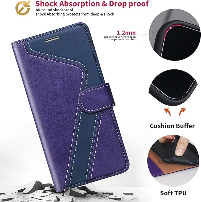 CIVICASE for iPhone 12/iPhone 12 Pro Wallet Case,Leather Flip Case [RFID Blocking] Credit Card Holder Folio Magnetic Stand TPU Shockproof Cover Color Matching for iPhone 12/iPhone 12 Pro,Purple Blue