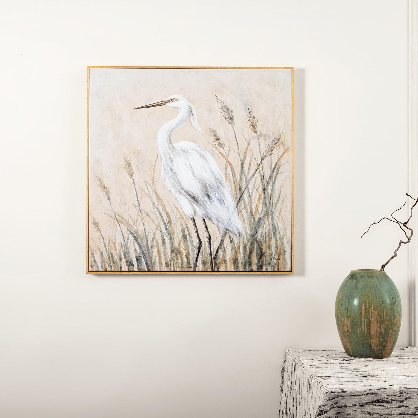 Eonzeun Framed Textured Canvas Wall Art, 24x24 Inch Coastal Wabi-Sabi Neutral Tone Egret Painting for Living Room, Dining Room, Office
