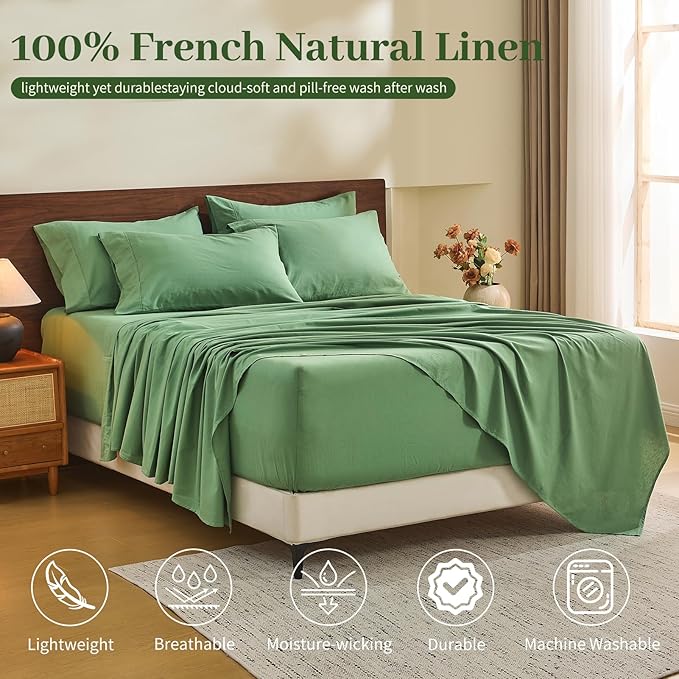 MEISHANG 100% French Pure Linen Sheets California King Size - Extra Deep Pocket Sheet Set, Soft Durable Flax Linen, Anti-Tear Breathable & Oeko-Tex Certified 18-24 Deep Pocket,All Season(Sage Green)