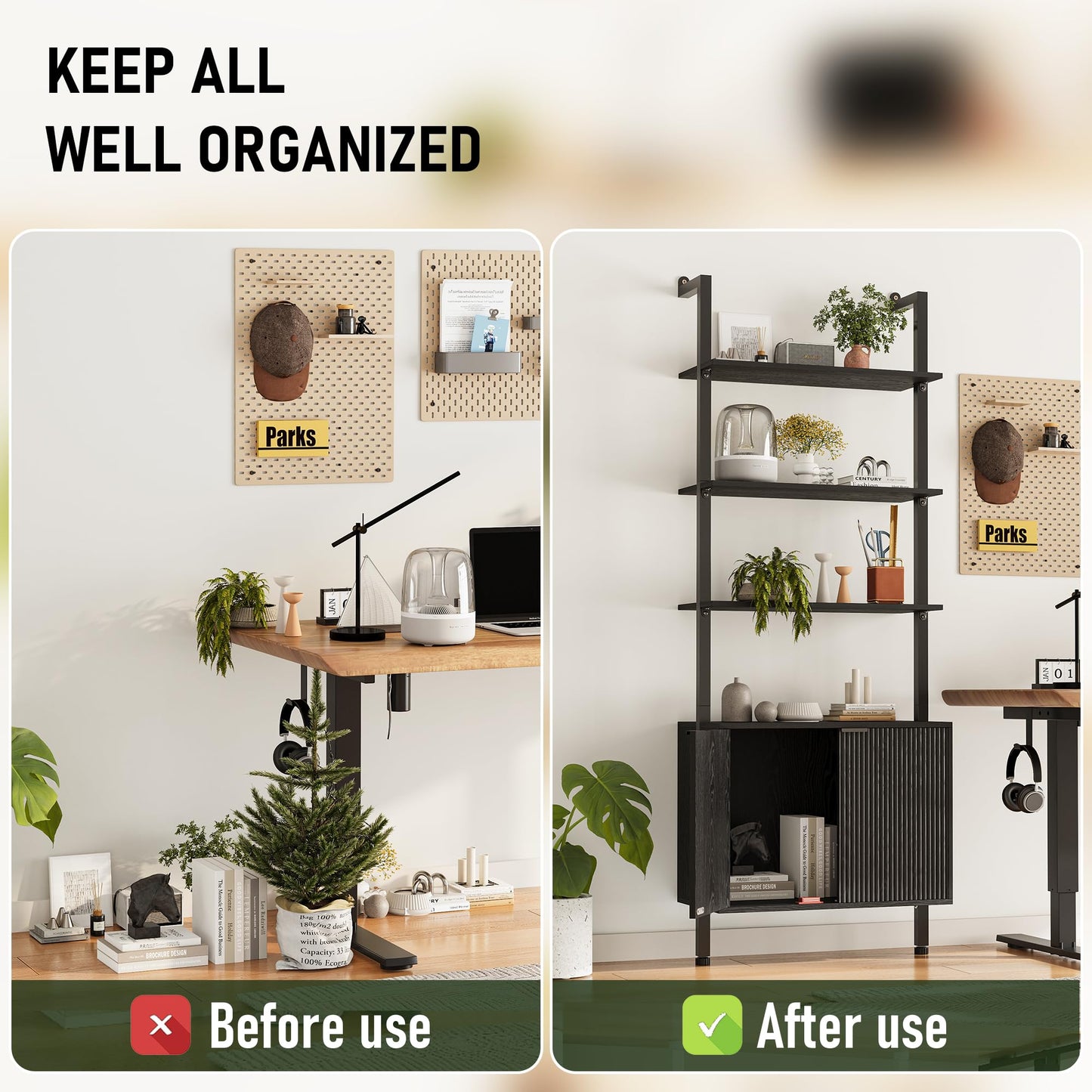 INNOD 74" Tall Bookshelf with Storage Cabinet, Modern Ladder Shelf with Wood and Metal Frame, Wall Mount Bookcase Open Display Shelf Furniture for Living Room, Bedroom, Home Office，Black