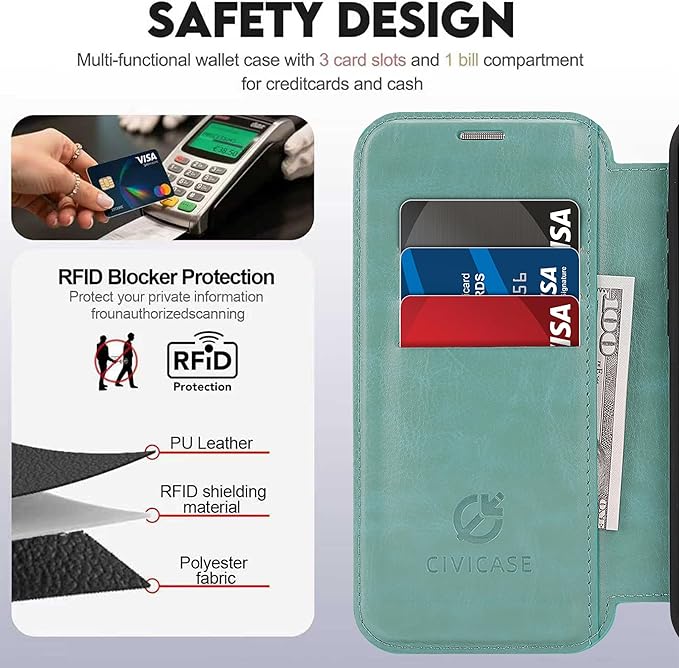 CIVICASE for iPhone 13/iPhone 14 Wallet Case with Stand,PU Leather Flip Credit Card Holder Slots (RFID Blocking),Compatible with Magsafe Magnetic Holder Phone Cover Women Men,Green