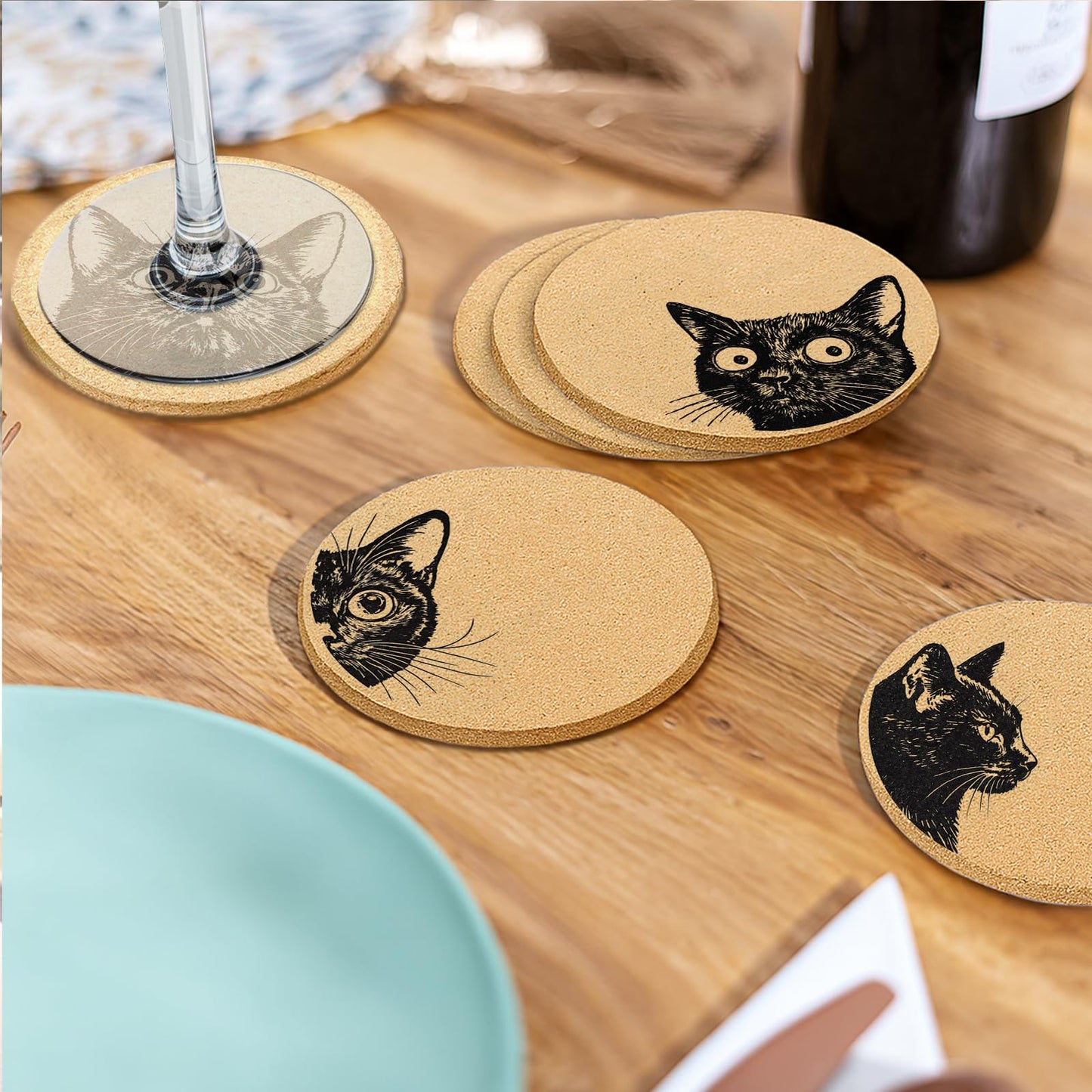 Cegkuc Coasters for Drinks with Holder Set of 6, Curious Cat Cork Coaster Absorbent for Office Desk Cat Table Coasters Kitchen Decor House Warming Gifts for New Home Couples, Round 4"