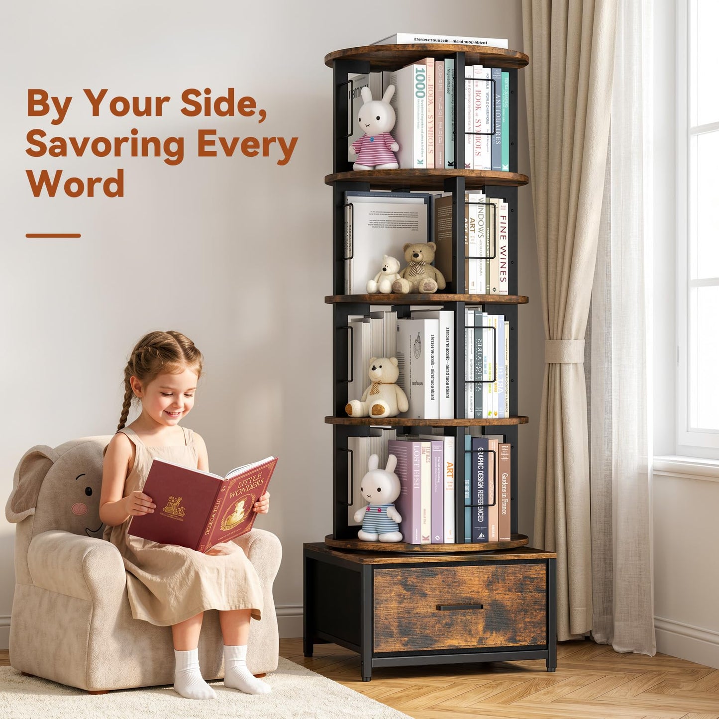 Housolution 5 Tier Rotating Bookshelf Tower, 360° Spinning Book Shelf with Fabric Drawer, Round Revolving Bookcase Organizer, Narrow Swivel Bookshelves Turning Corner Bookshelf for Small Space, Brown