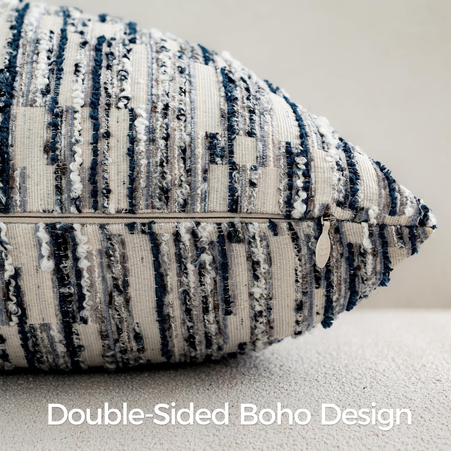 a moment Boho Throw Pillow Covers Set of 2,Striped Decorative Rustic Farmhouse Pillow Cases,Aesthetic Modern Home Decor Couch Cushion Covers for Bed Sofa Living Room 18"X18" Blue