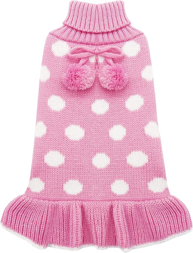 KYEESE Valentines Dog Sweater Dress, Warm Dog Sweaters for Small Dogs Girl Dogs Clothes, Pullover Cozy Knit Pet Apparel with Leash Hole, Pink Dot, M