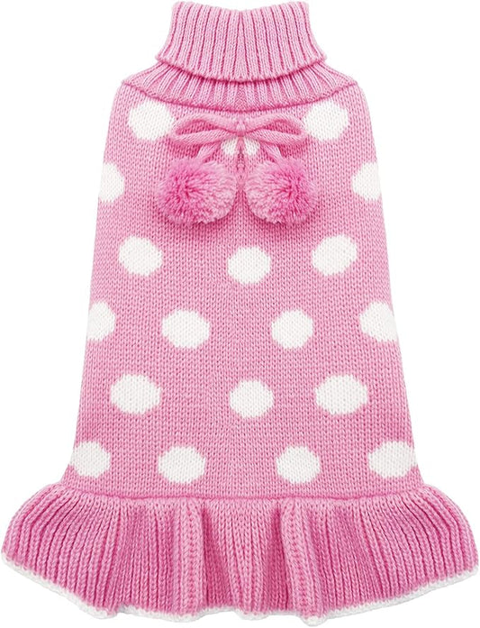 KYEESE Valentines Dog Sweater Dress, Warm Dog Sweaters for Small Dogs Girl Dogs Clothes, Pullover Cozy Knit Pet Apparel with Leash Hole, Pink Dot, M