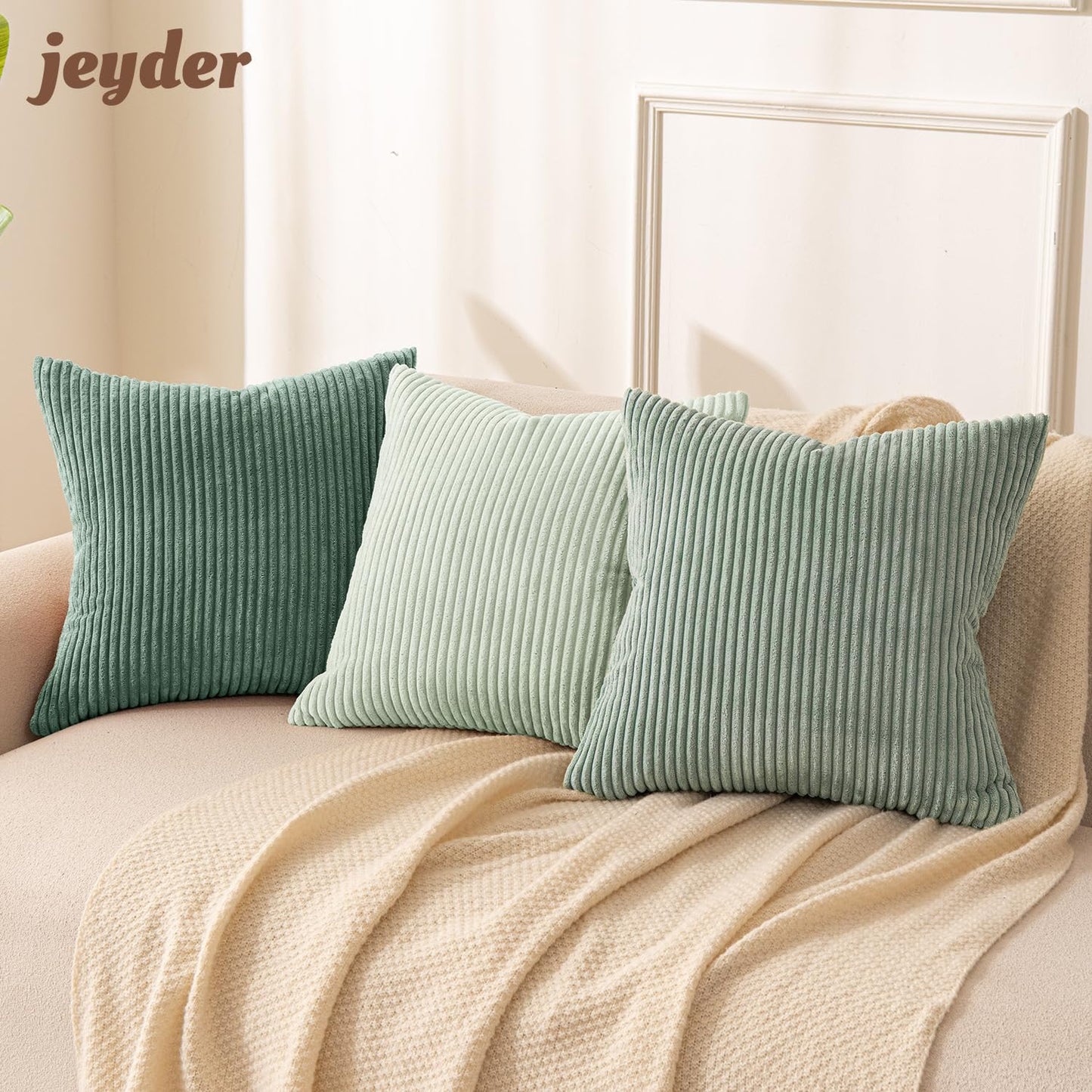 JEYDER Boho Farmhouse Sage Green Mix Throw Pillow Covers 18x18 Inch Set of 4, Striped Corduroy Decorative Pillow Cases, Soft Modern Home Decor for Couch Sofa Living Room Bedroom, All Season S9