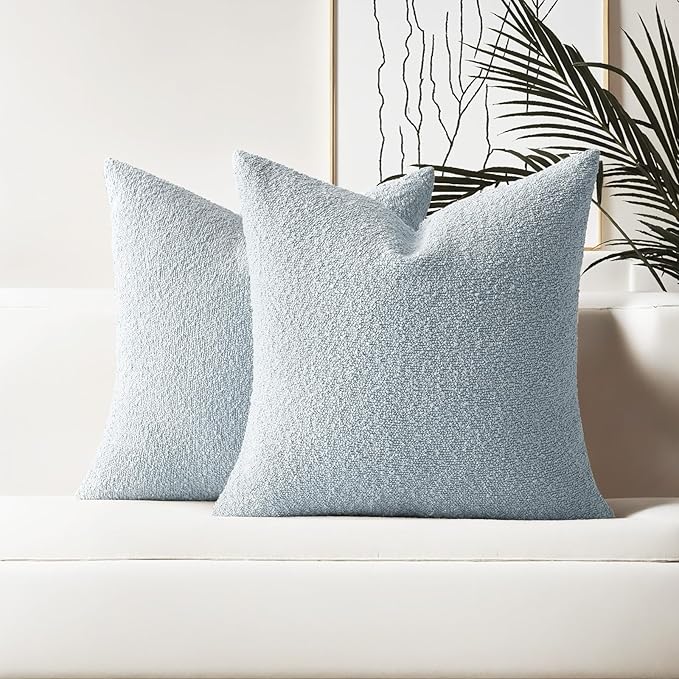HAUSSY Set of 2 18x18 Decorative Throw Pillow Covers, Soft Cozy Textured Boucle Couch Cases, Home Decor for Couch Bed Living Room, Dusty Blue