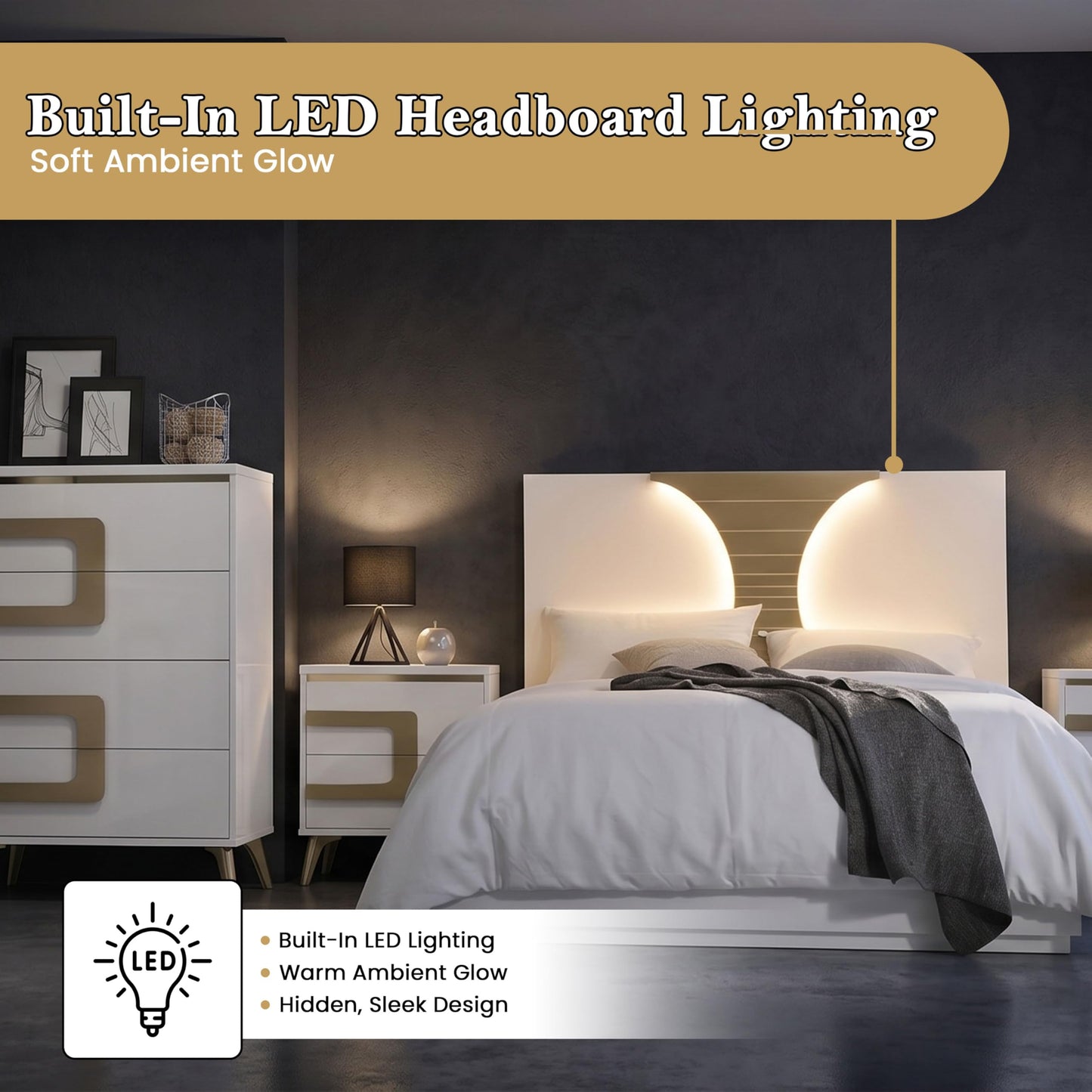 Kings Brand Furniture Claire 6-Piece Queen Size Bedroom Set - Bed with LED Headboard, Dresser, Mirror, Chest and 2 Nightstands, White/Gold