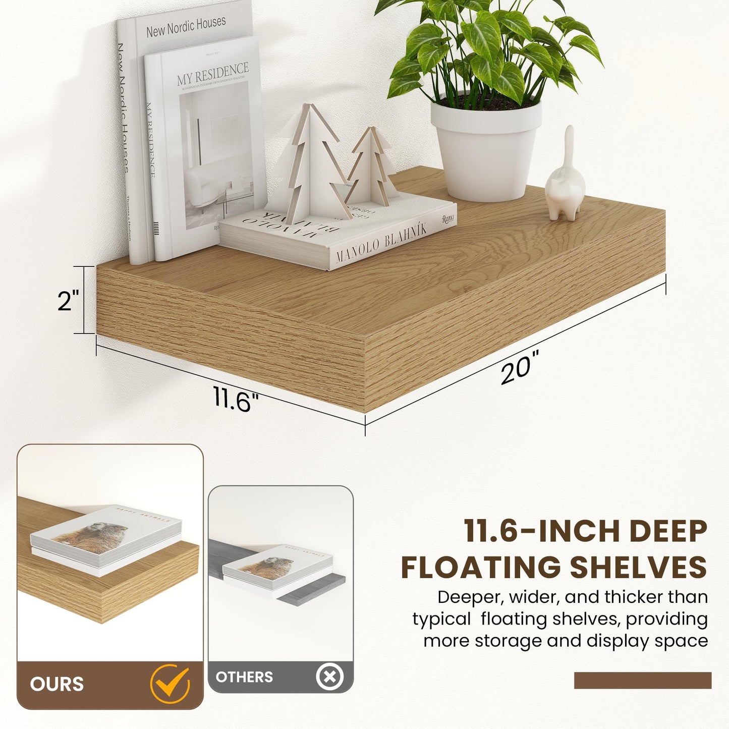 FLYJOE 20 Inch Floating Shelves, 12 Inch Deep Floating Shelves Set of 2, 20''W x 12''D Oak Shelves for Wall, Bathroom Available, Engineered Wood, Mounting Hardware Included
