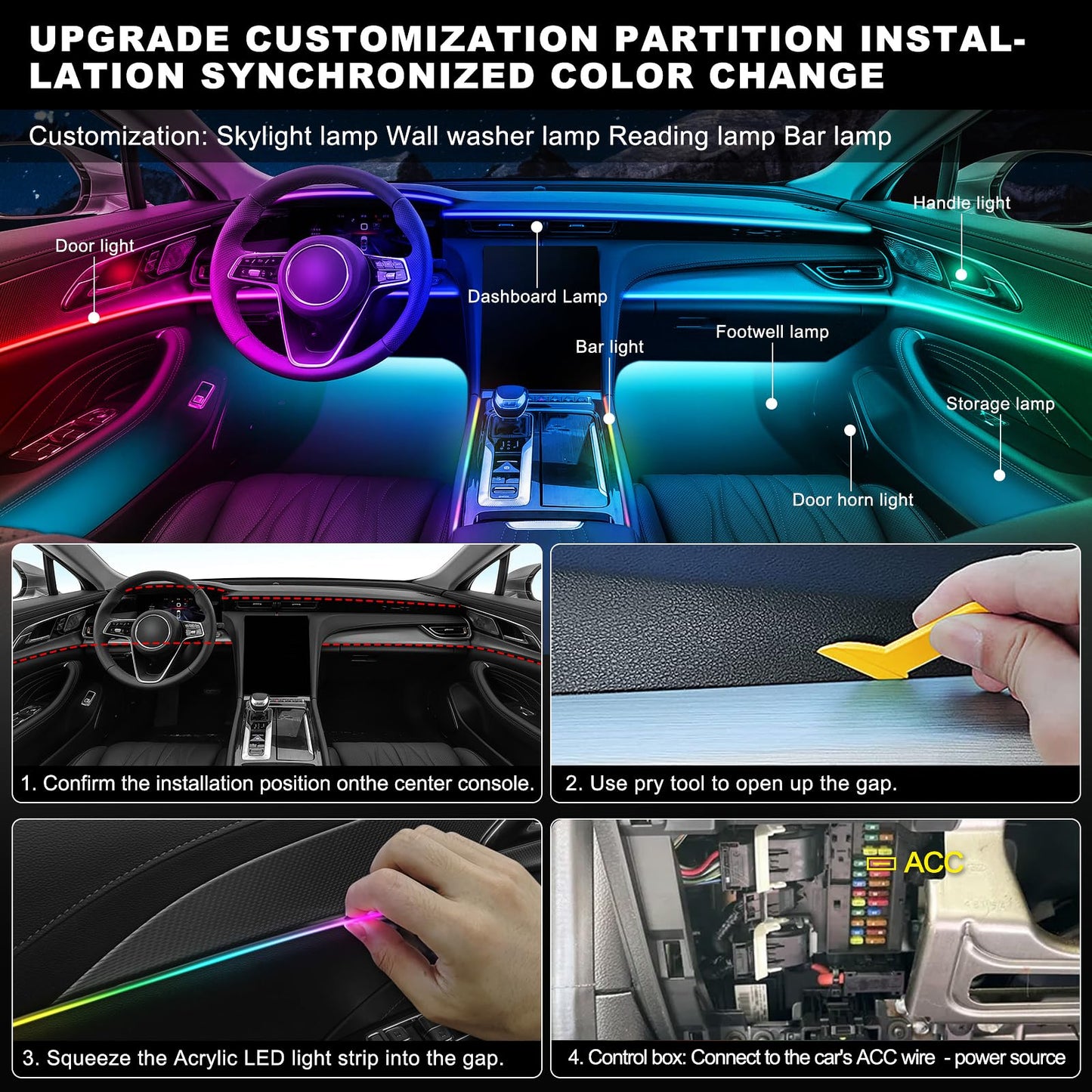 Dreamcolor Acrylic Interior Car LED Strip Light with Wireless APP, Dual Zone RGB 18 in 1 with 175 inches 593 LEDs Fiber Optic Neon Strip Lights for Car, Music Sync Neon Car Ambient Lighting Kits
