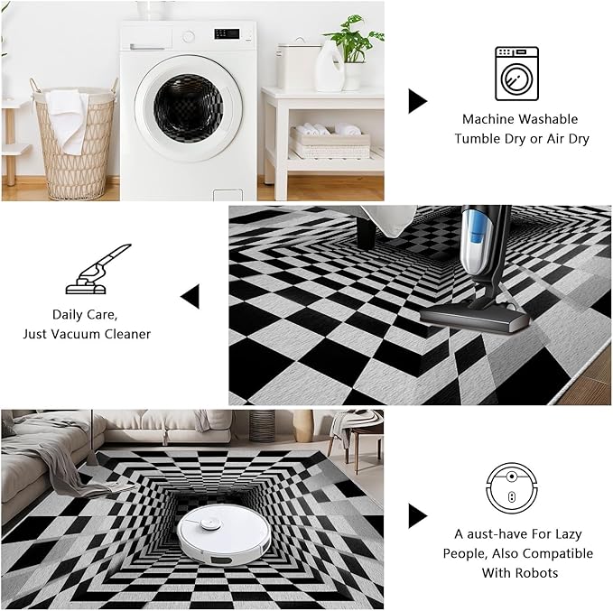 Optical Illusion Rug - Black and White Rug for Living Room, Soft Ultra Soft Faux Wool 4x6 Area Rugs Floor Mats, Non Slip&Non-Shedding Low Pile Checkered Washable Rugs, Abstract Geometric Carpet