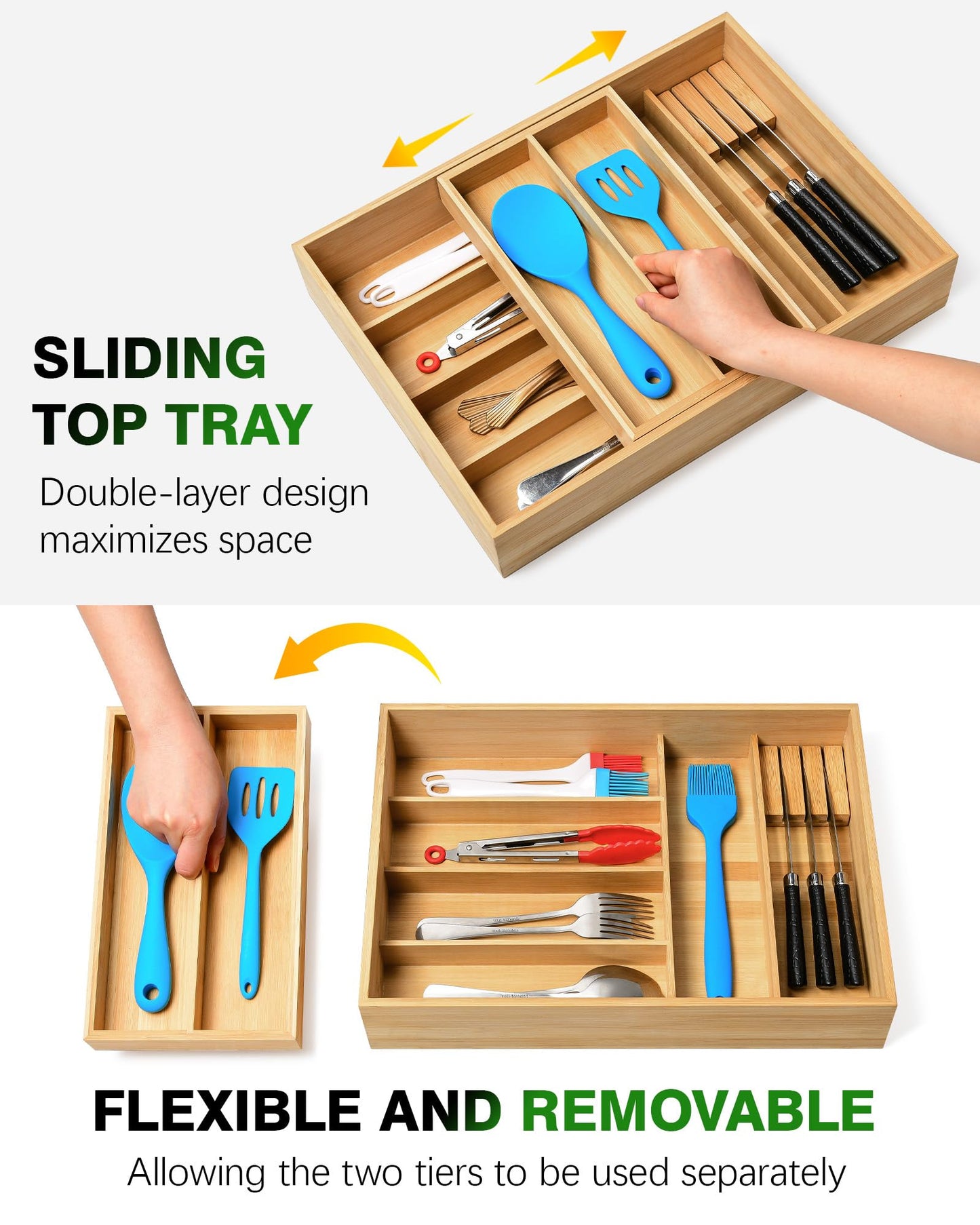 HULISEN Double Layer Bamboo Utensil Drawer Organizer, 2 Tier Silverware Cutlery Drawer Organizer with Sliding Top & Removable Knife Holder, Deep 8-Slot Kitchen Drawer Organizer