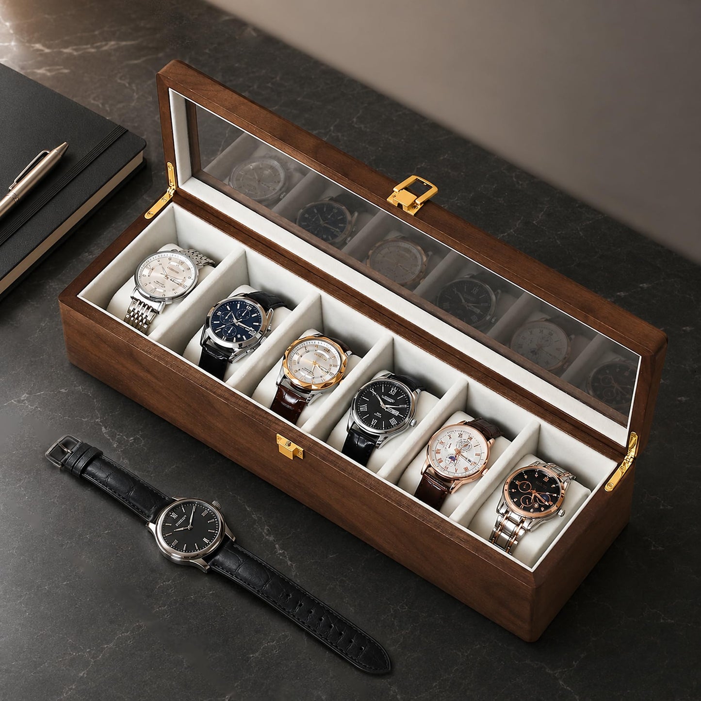 Solid Black Walnut Watch Box, 6 Slot Wooden Watch Organizer with Glass Lid, High-End Watch Display Case Jewelry Storage Box, Gift for Husband, Dad, Birthday, Anniversary, Father’s Day, Men and Women