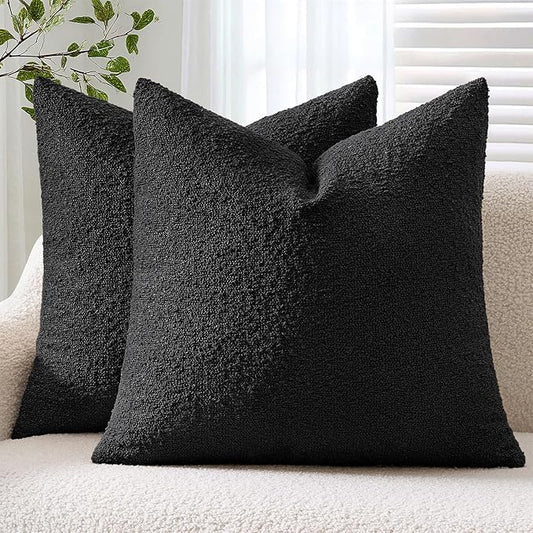ANRODUO Pack of 2 Textured Boucle Throw Pillow Covers Soft Black Euro Decorative Accent Solid Pillow Cases Cozy Modern Couch Cushion Case for Chair Sofa Bedroom Living Room Home Decor, 24 x 24 Inch