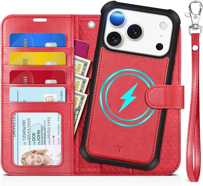 TUCCH Compatible with iPhone 17 Pro (6.3") Detachable Wallet Case with 4 Card Holder, Wireless Charging PU Leather Flip Folio with RFID Blocking Stand Wrist Strap Shockproof Phone Cover 2025, Red