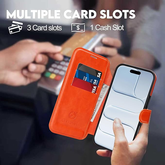 CIVICASE for iPhone Air Wallet Case with Stand,PU Leather Flip Credit Card Holder Slots (RFID Blocking),Compatible with Magsafe Magnetic Holder Phone Cover Women Men,Orange