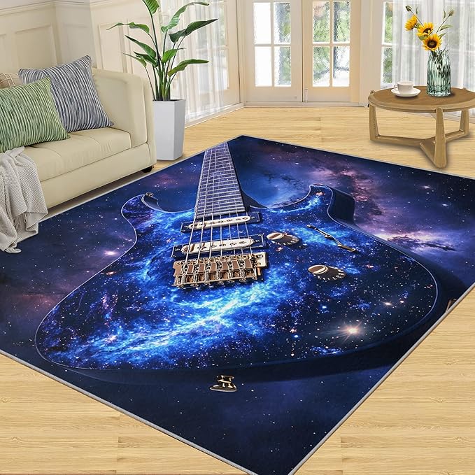 Guitar 4x5 Area Rugs for Living Room -Musical Instruments Washable Rug Starry Sky Non-Slip Carpet Indoor Floor Stain Resistant Thin Carpets for Bedroom Dining Room Home Office