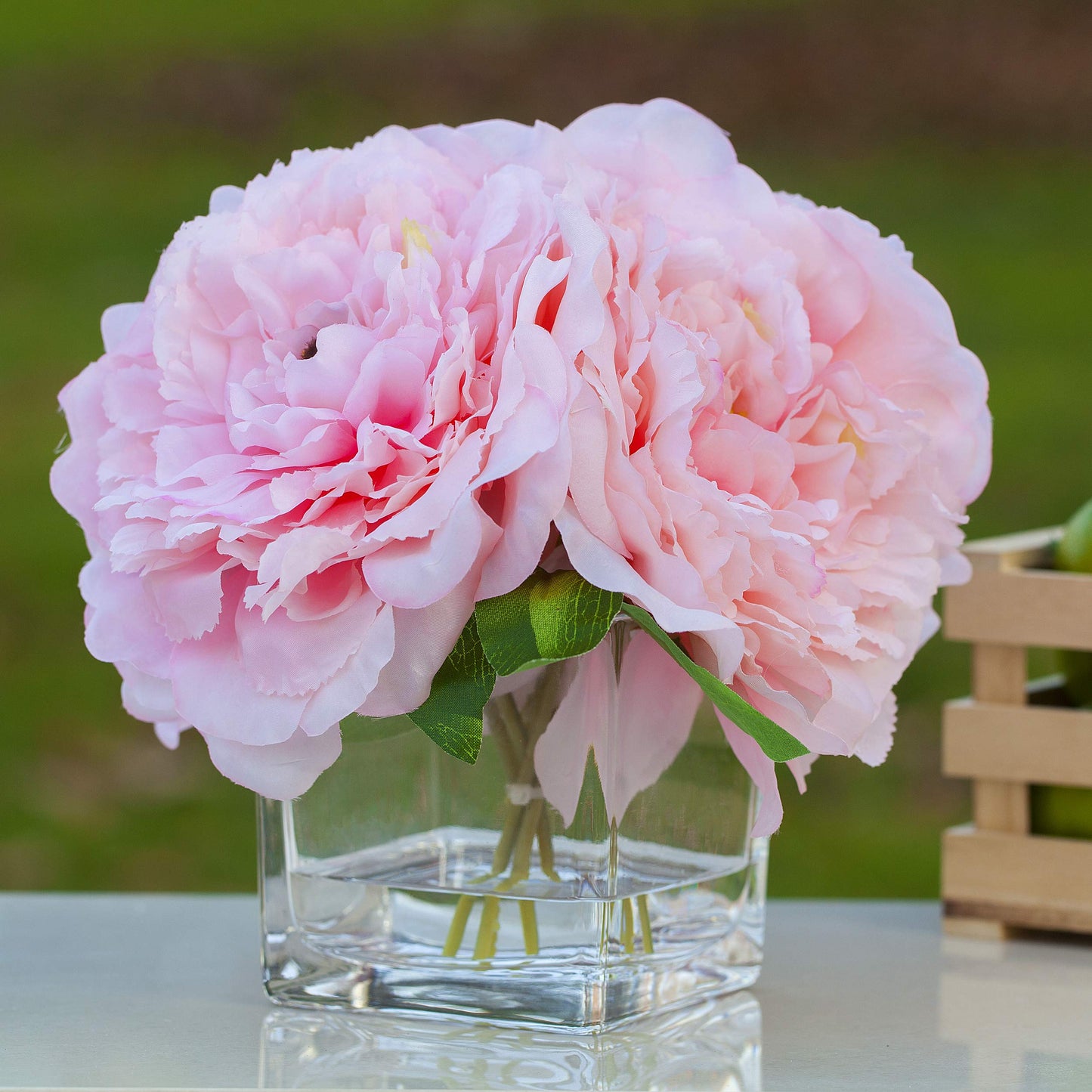 Enova Home Artificial Peony Flowers Arrangements in Cube Glass Vase with Faux Water for Home Table Wedding Centerpiece Decor (Pink)