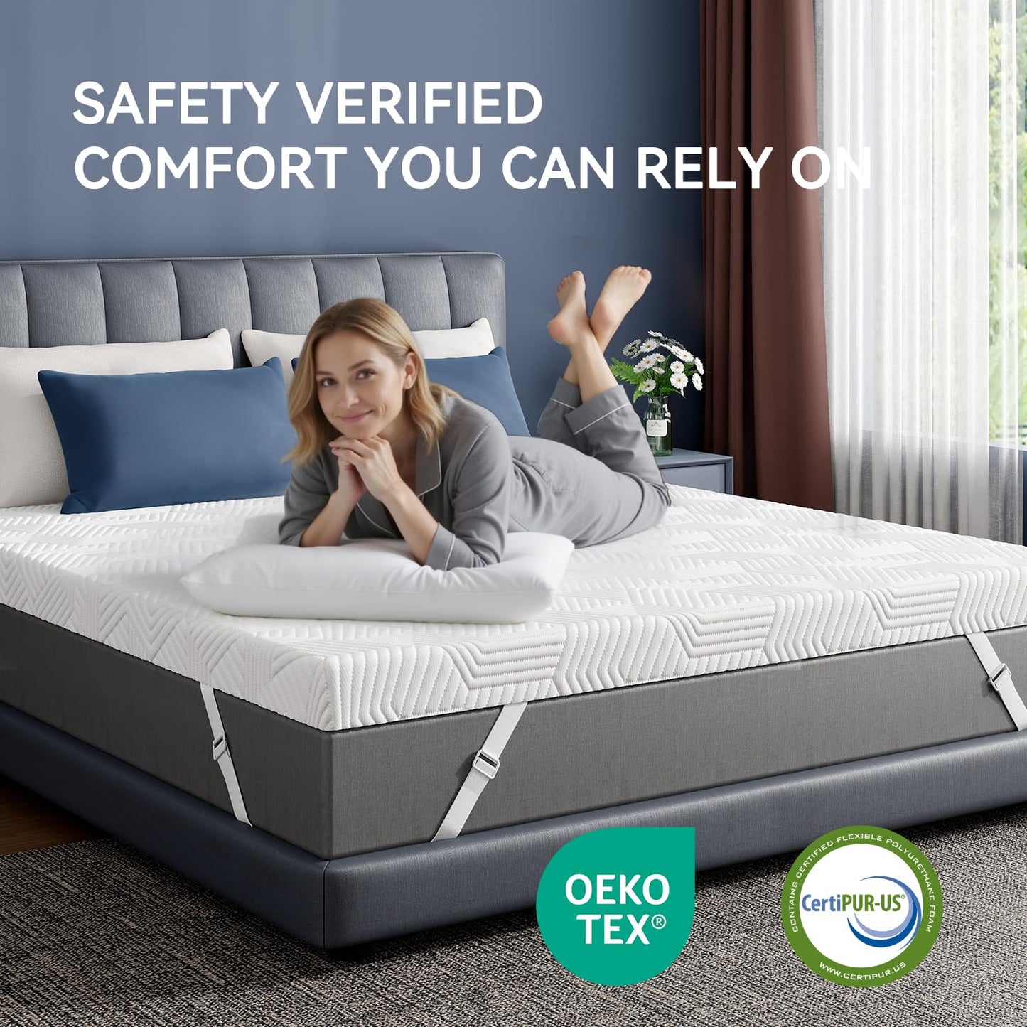 ELEMUSE 4 Inch Gel Memory Foam Mattress Topper Queen Size Pressure-Relieving Mattress Topper for Back Pain,Non-Slip Design with Removable & Washable Cover, CertiPUR-US