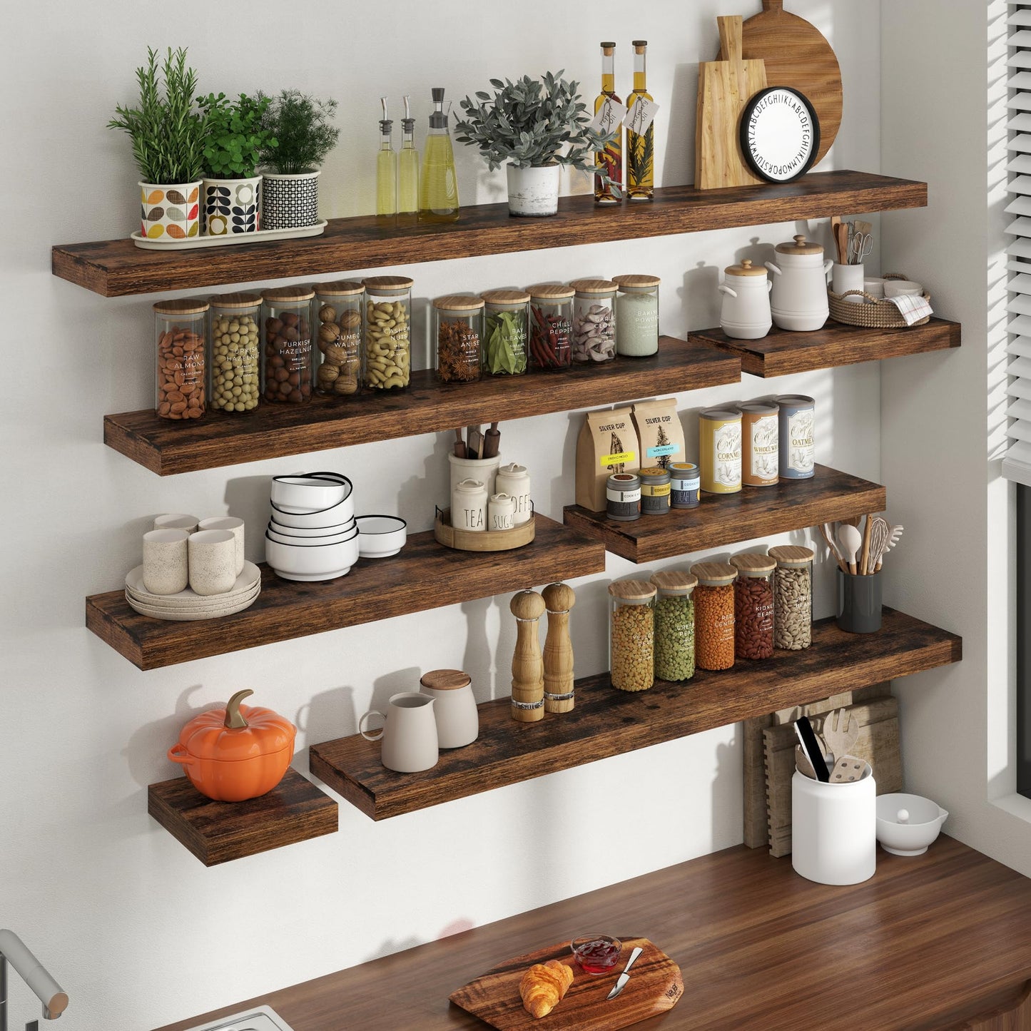 30 Inch Floating Shelves for Wall, 8 Inch Deep Floating Shelf for Storage & Display, Wall Mounted Shelf with Invisible Brackets for Living Room, Kitchen, Bathroom, Home Decor, Set of 2, Rustic Brown